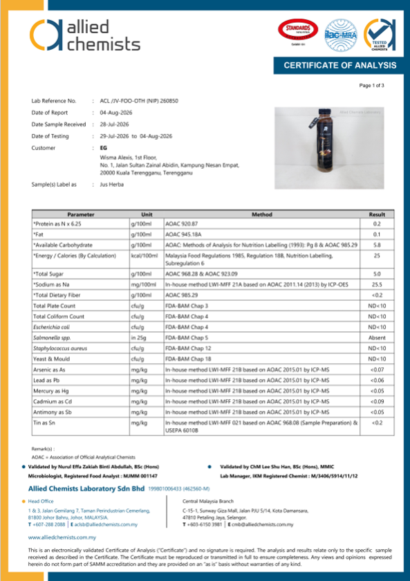 Sijil Lab Test Jus UAI Herbs - Certificate of Analysis